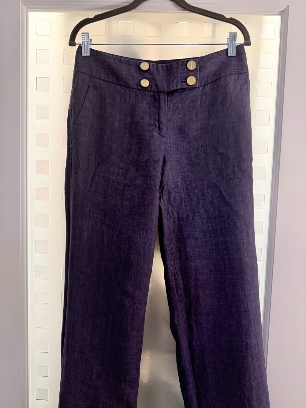 Purple Wide-Leg Linen Pants with Gold Buttons